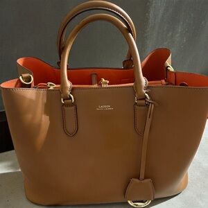 Lauren Ralph Lauren Brown Leather Tote with Gold Accents
